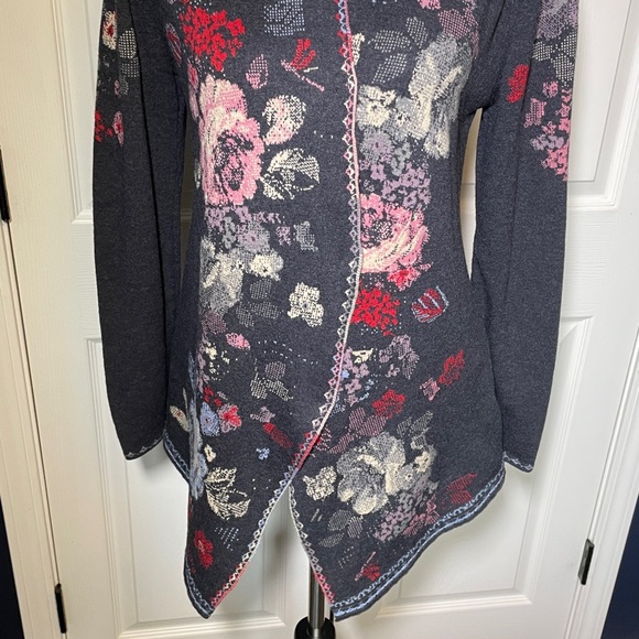 Ivko Cardigan Sweater Floral 100% Wool Knit A Line Red Gray Multicolor Medium - Picture 3 of 12